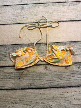Aerie yellow and orange floral print ruffle halter bikini swim top. M